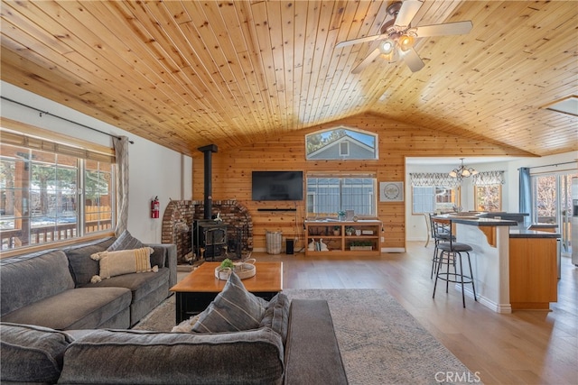 living area with wooden walls, lofted ceiling, a wood stove, light wood-style flooring, and wooden ceiling