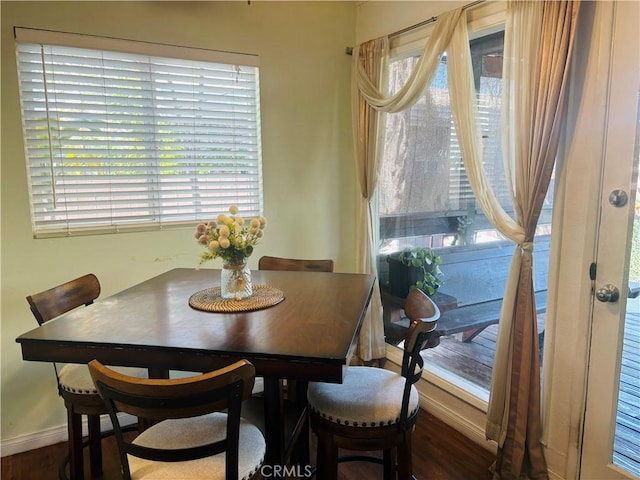 dining area featuring wood finished floors and baseboards