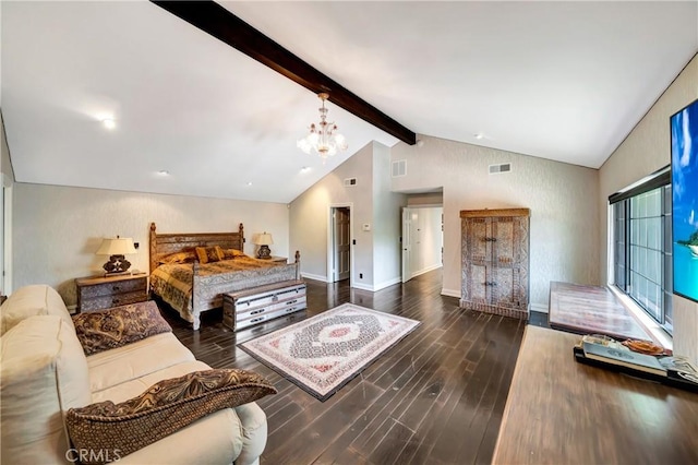 5441 Calvin Ave, Tarzana, CA 91356 - bedroom featuring visible vents, vaulted ceiling with beams, a chandelier, and wood finished floors
