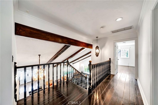 5441 Calvin Ave, Tarzana, CA 91356 - hallway with visible vents, baseboards, an upstairs landing, a chandelier, and hardwood / wood-style flooring