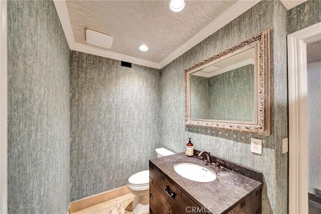 5441 Calvin Ave, Tarzana, CA 91356 - half bathroom with wallpapered walls, vanity, ornamental molding, and toilet