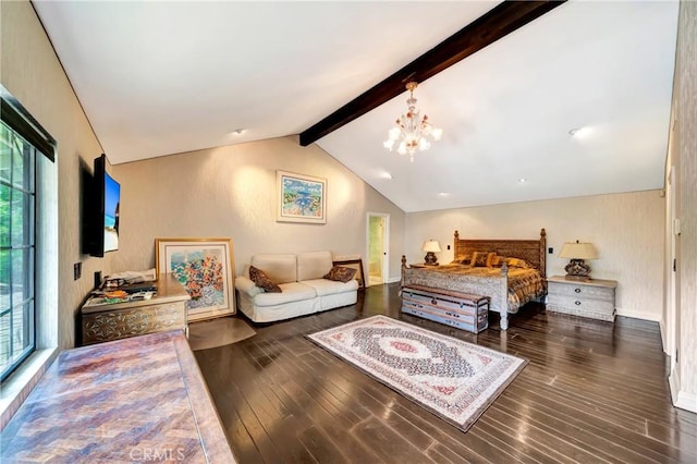 5441 Calvin Ave, Tarzana, CA 91356 - bedroom with a chandelier, multiple windows, lofted ceiling with beams, and wood finished floors
