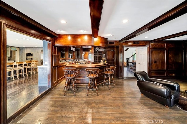5441 Calvin Ave, Tarzana, CA 91356 - bar with stairs, wood-type flooring, a dry bar, and beam ceiling