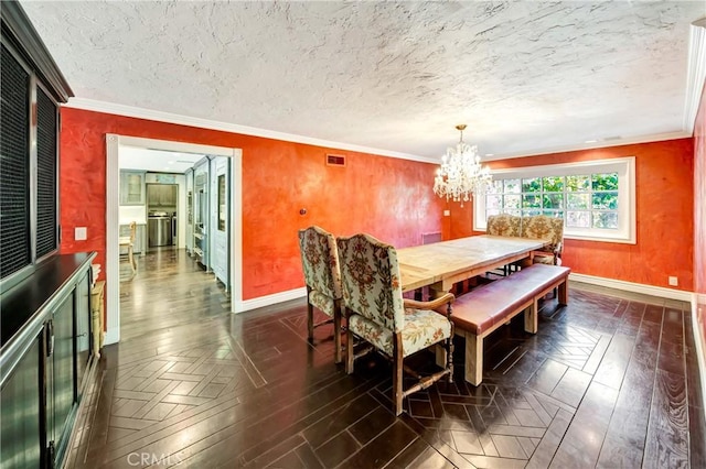5441 Calvin Ave, Tarzana, CA 91356 - dining area featuring ornamental molding, baseboards, a chandelier, and dark wood finished floors