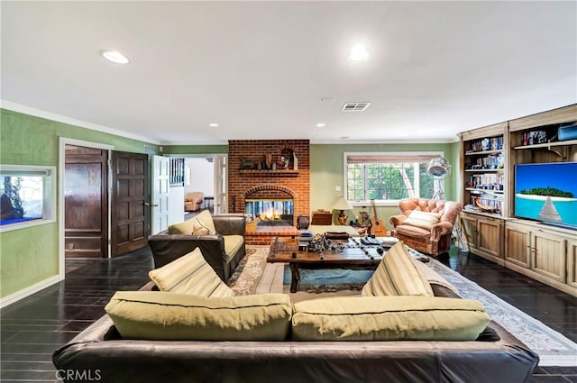 5441 Calvin Ave, Tarzana, CA 91356 - living room with visible vents, baseboards, a brick fireplace, dark wood-style flooring, and ornamental molding
