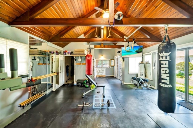 5441 Calvin Ave, Tarzana, CA 91356 - gym with wooden ceiling, baseboards, and lofted ceiling