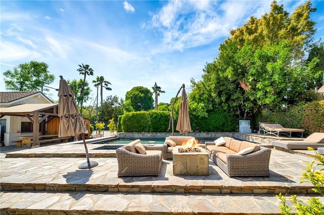 5441 Calvin Ave, Tarzana, CA 91356 - view of patio with an outdoor pool, a gazebo, and an outdoor living space with a fire pit