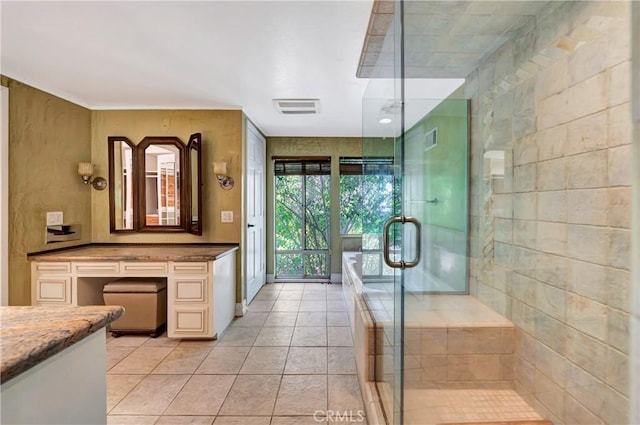 5441 Calvin Ave, Tarzana, CA 91356 - full bathroom featuring a stall shower, vanity, tile patterned flooring, and visible vents