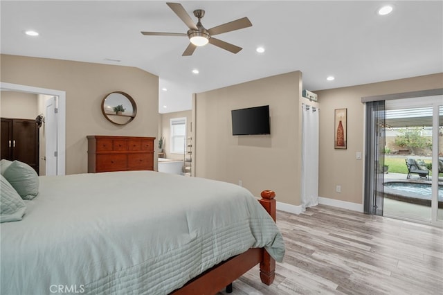 bedroom featuring access to outside, recessed lighting, light wood finished floors, baseboards, and vaulted ceiling