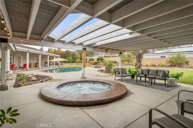 view of patio with fence, an in ground hot tub, an outdoor pool, a pergola, and an outdoor hangout area