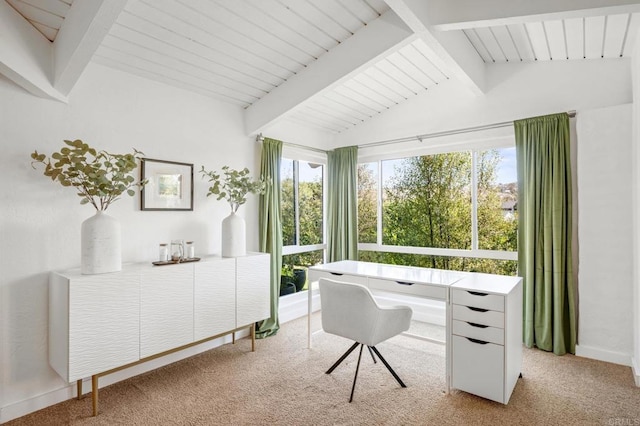 office area with lofted ceiling with beams, light carpet, and a wealth of natural light