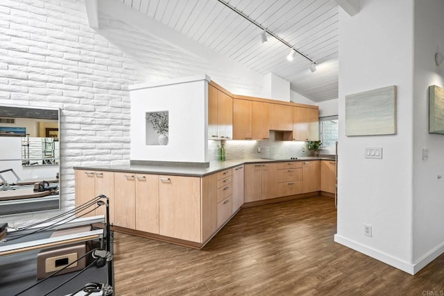 kitchen with decorative backsplash, lofted ceiling, light brown cabinets, and dark wood-type flooring