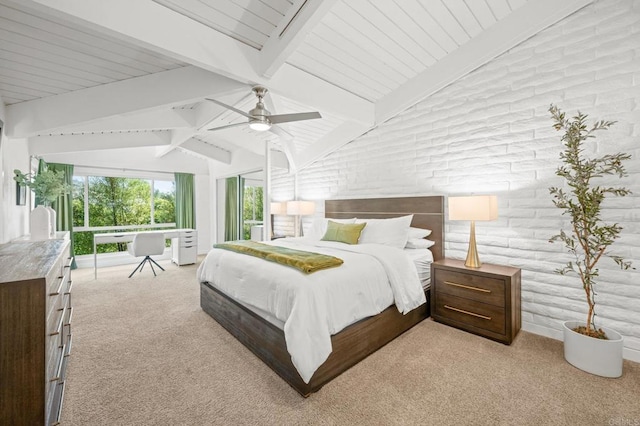 bedroom featuring lofted ceiling with beams, light colored carpet, and ceiling fan