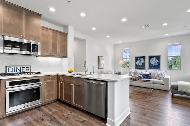 kitchen with a sink, stainless steel appliances, a healthy amount of sunlight, and dark wood finished floors