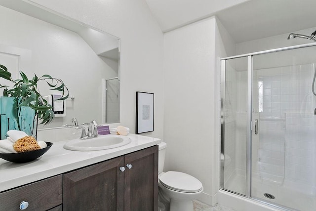 full bath featuring a shower stall, toilet, and vanity