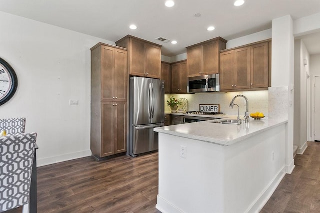 kitchen with a sink, a peninsula, dark wood-style floors, and stainless steel appliances