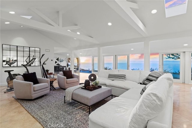 living room featuring tile patterned flooring, beamed ceiling, recessed lighting, a skylight, and high vaulted ceiling