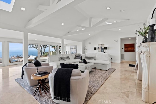 living area featuring visible vents, high vaulted ceiling, a skylight, recessed lighting, and beamed ceiling