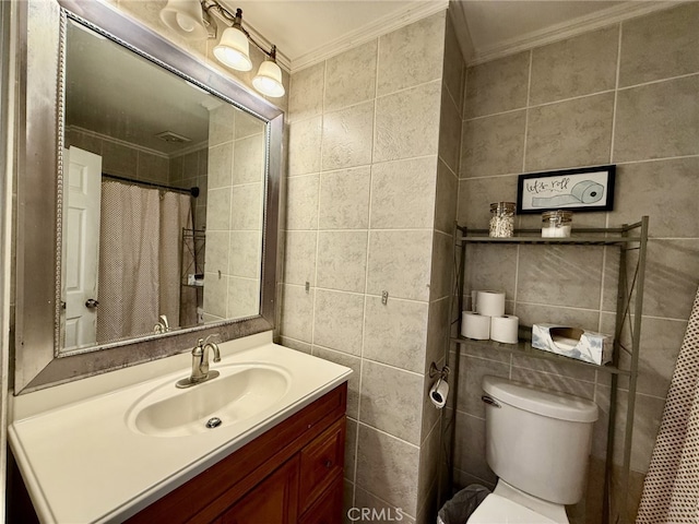 bathroom featuring vanity, a shower with curtain, crown molding, toilet, and tile walls