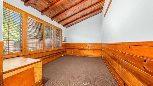 unfurnished room with plenty of natural light, wood walls, wood ceiling, and a wainscoted wall