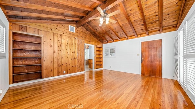 unfurnished bedroom with wooden ceiling, lofted ceiling with beams, wooden walls, and wood finished floors