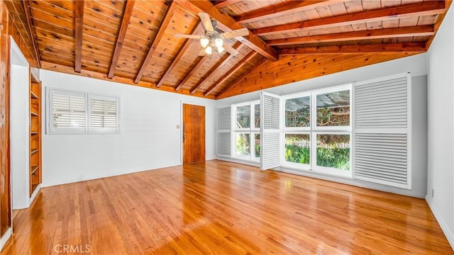 spare room with wooden ceiling, vaulted ceiling with beams, a ceiling fan, and light wood-type flooring