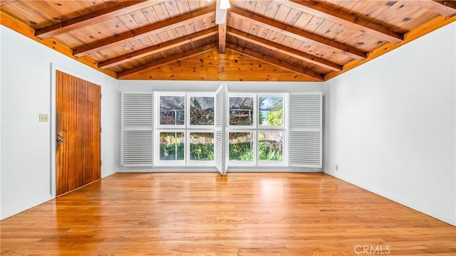 unfurnished living room featuring lofted ceiling with beams, wood ceiling, and light wood-style flooring