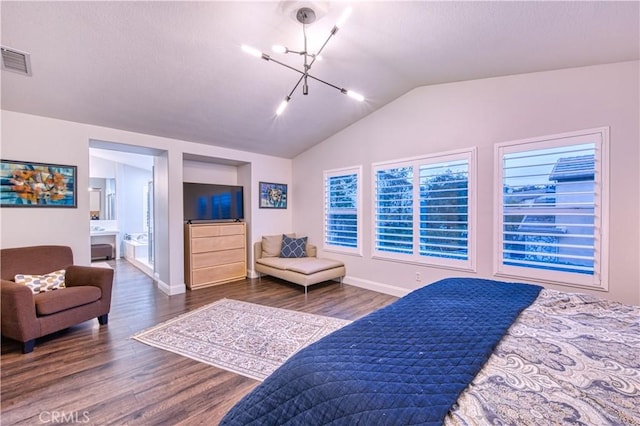 16 Lyra Way, Coto De Caza, CA 92679 - bedroom with lofted ceiling, wood finished floors, a chandelier, baseboards, and ensuite bath