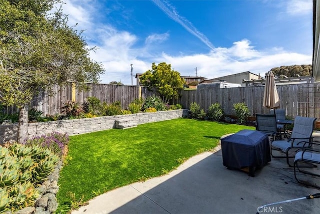 view of yard featuring a patio area and a fenced backyard