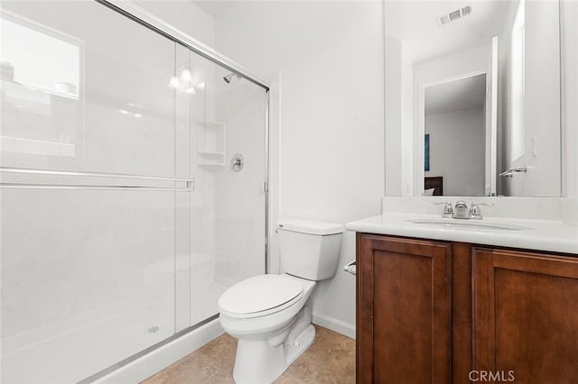 full bath with visible vents, a shower stall, vanity, and toilet