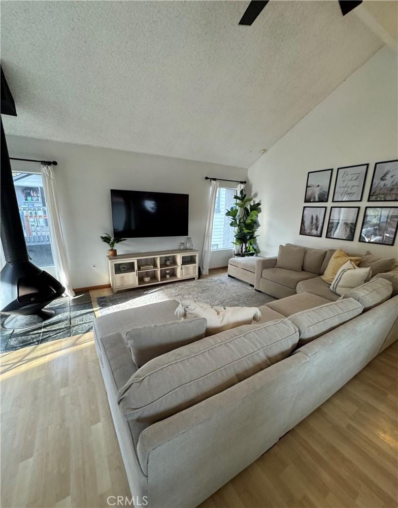 living room with vaulted ceiling, a textured ceiling, and wood finished floors