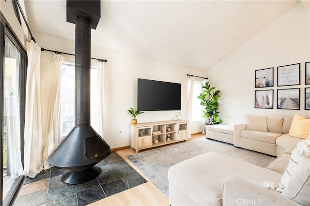 living area with baseboards, lofted ceiling, wood finished floors, and a wood stove