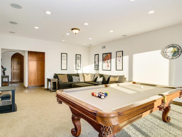 recreation room with visible vents, light carpet, billiards, recessed lighting, and arched walkways