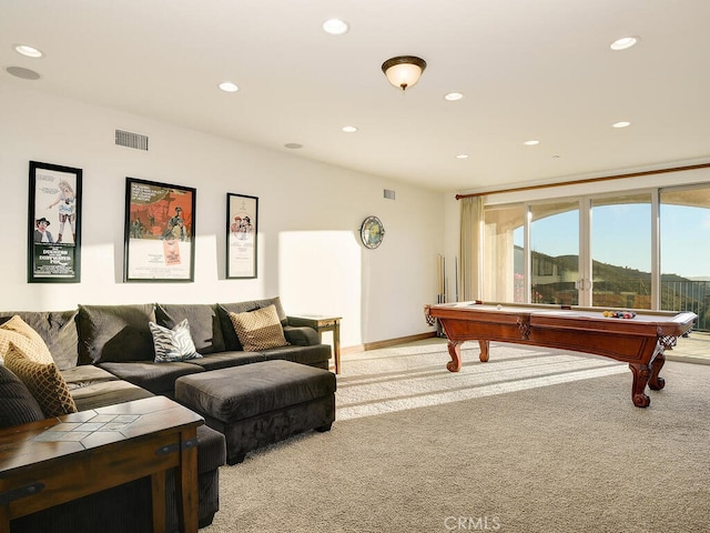 rec room with recessed lighting, visible vents, and light carpet