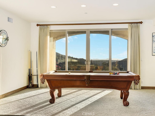 playroom with visible vents, carpet flooring, pool table, and a healthy amount of sunlight