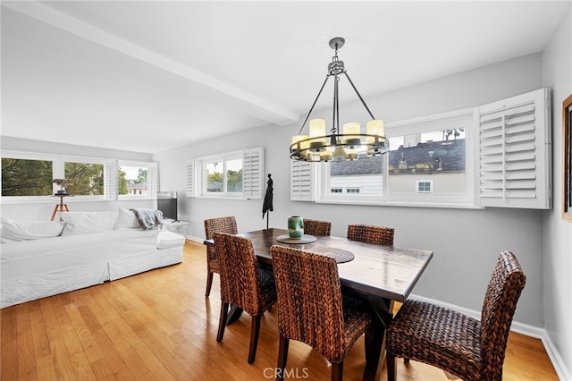 dining room with beamed ceiling, a notable chandelier, wood finished floors, and baseboards