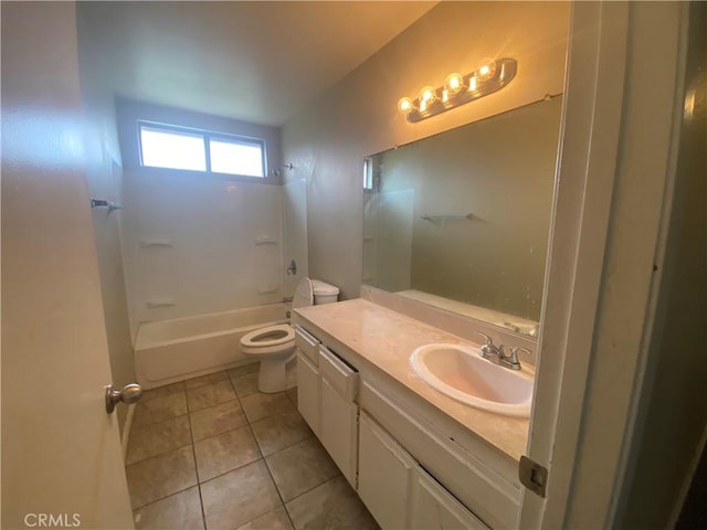 bathroom with tile patterned flooring, shower / tub combination, toilet, and vanity