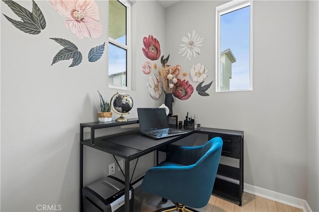 home office featuring wood finished floors, baseboards, and a wealth of natural light