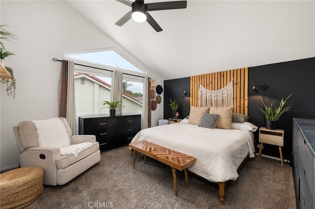 carpeted bedroom featuring a ceiling fan and vaulted ceiling