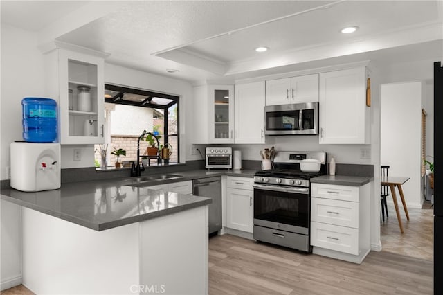 kitchen featuring a sink, a tray ceiling, dark countertops, stainless steel appliances, and a peninsula