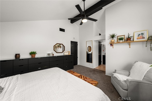 carpeted bedroom featuring beamed ceiling, high vaulted ceiling, and a ceiling fan