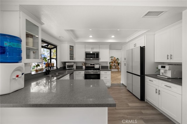 kitchen with visible vents, appliances with stainless steel finishes, white cabinetry, a raised ceiling, and a sink