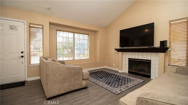 living area featuring lofted ceiling, wood finished floors, and a healthy amount of sunlight