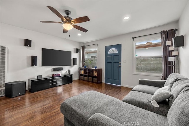 living room with recessed lighting, a ceiling fan, baseboards, and wood finished floors