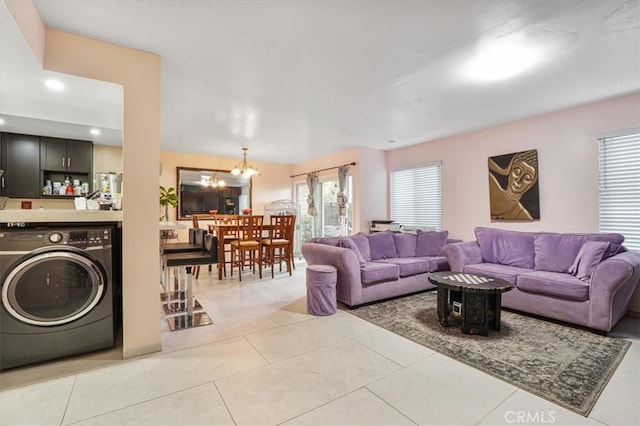 9920 Sepulveda Blvd Unit 1, Mission Hills San Fernando, CA 91345 - living room featuring washer / dryer, a chandelier, light tile patterned floors, and recessed lighting