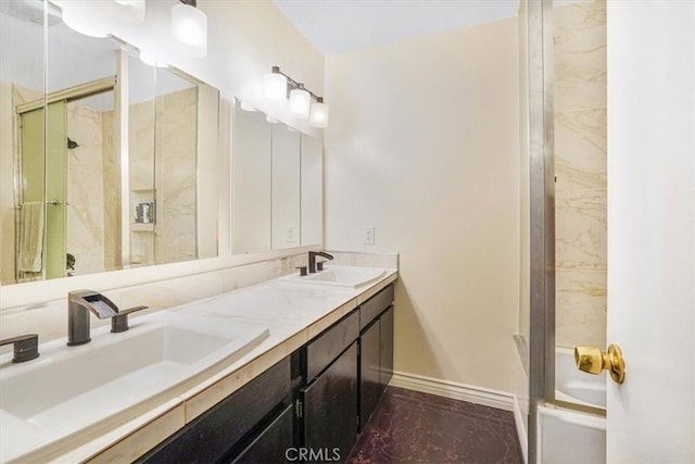 9920 Sepulveda Blvd Unit 1, Mission Hills San Fernando, CA 91345 - full bath featuring a shower with shower door, baseboards, double vanity, and marble finish floors