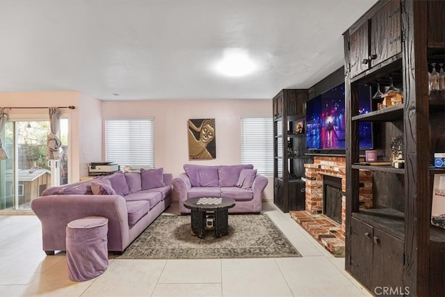 9920 Sepulveda Blvd Unit 1, Mission Hills San Fernando, CA 91345 - living room featuring light tile patterned flooring and a brick fireplace