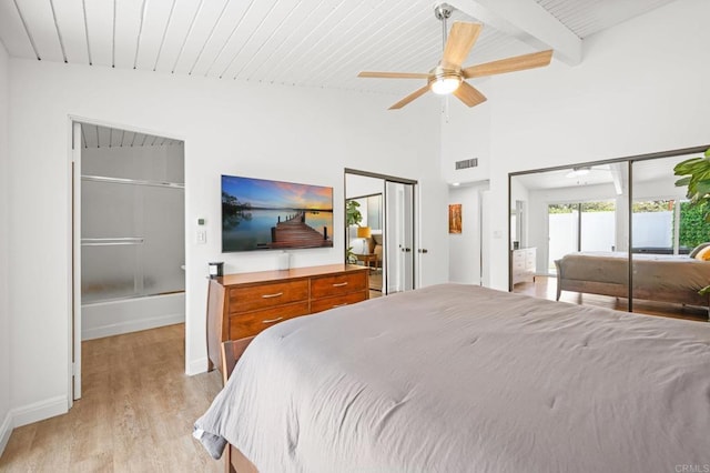 bedroom with beam ceiling, light wood-style flooring, access to outside, wooden ceiling, and baseboards