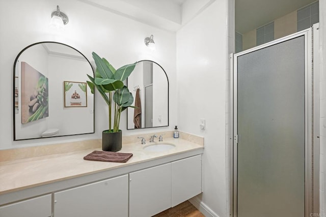 bathroom featuring a shower stall and vanity