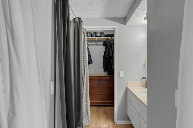 bathroom featuring vanity, a spacious closet, wood finished floors, and a textured ceiling